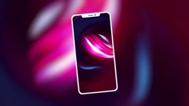 Telefon soyutlanmış durumda. Hareket. Telefonun ön planında, arkasında dönen arkaplan ile aynı ekran koruyucusuna sahip mavi tonlu parlak pembe arkaplan