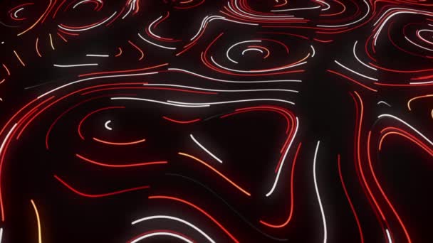 Абстрактные творческие неоновые линии, прокладывающие цветные дорожки на черной поверхности. Движение. Изогнутые и изогнутые полосы медленно движутся на черном фоне. — стоковое видео