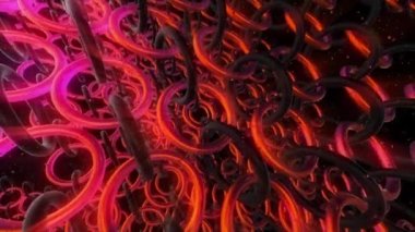 Çok renkli halkalardan oluşan bir sürü zincir. Hareket. Bir sürü zinciri ve dönen halkaları olan bir yer. Sınırsız sayıda zincirli halka