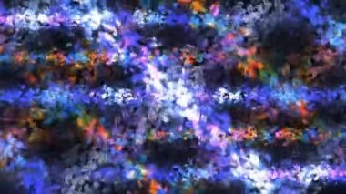 Siyah bir zemin üzerinde turuncu ve mor renkli ışık ve enerji akışları kesişmiş, kusursuz bir döngü. Hareket. Güzel lekeler dökülüyor.