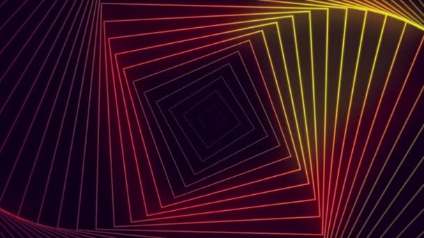 Nekonečný čtvercový neonový tunel se siluetami rotujícího červeného a žlutého svahu. Pohyb. Hypnotická točící se chodba, bezešvá smyčka. — Stock video