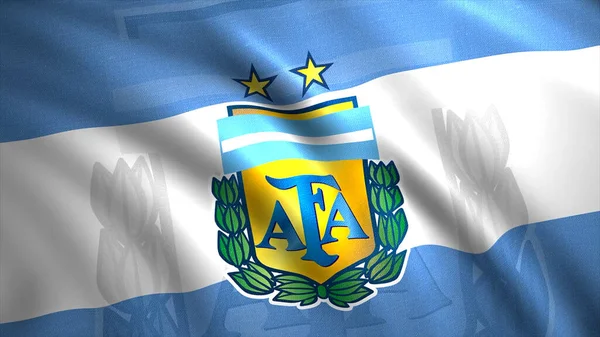 Equipo nacional de fútbol argentino ondeando bandera con rayas horizontales azules y blancas y el emblema con letras. Moción. Concepto de deporte. Únicamente para uso editorial. —  Fotos de Stock