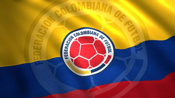 콜롬비아 축구 국가 대표 팀 이 중간에 붉은 공으로 만화를 흔들고 있다. 움직임. 노란색, 파란색, 빨간색의 실감나는 깃발, 가시없는 고리. 편집만을 위한 것. — 스톡 사진