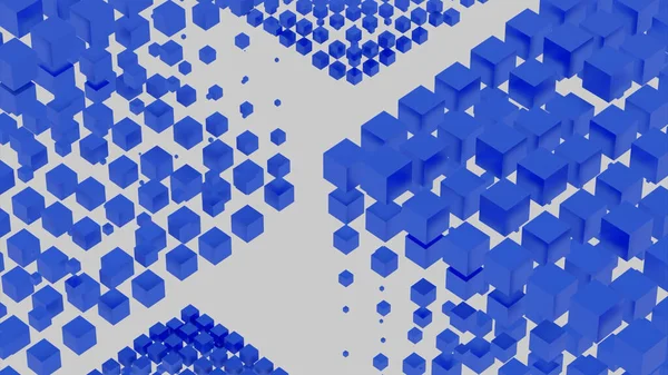 Blocchi di cubi blu 3D di diverse dimensioni appesi nell'aria. Progettazione. Cubi a molla in file su sfondo bianco, anello senza cuciture. — Foto Stock