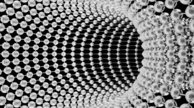 Top tünelinde hareket. Tasarım. Siyah arka planda gümüş toplardan oluşan kavisli bir tünel. Uzayda güzel gümüş tünellerde ilerlerken