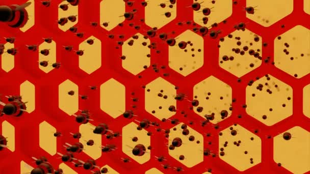 Animation mit Bienenschwarm, der von der Wabe fliegt. Design. Zeichentrick-Animation Viele Bienen fliegen von der Wabe. Bienenschwarm fliegt auf dem Hintergrund der Waben — Stockvideo