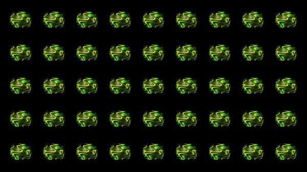 Many abstract 3D spheres in symmetric rows with the pattern of green waves, seamless loop. Motion. Energy vibrating glowing balls. — Stock Photo, Image