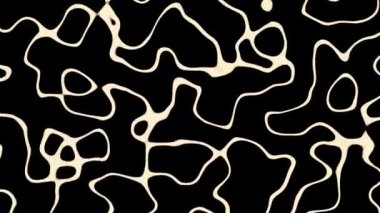 Dalgalı çizgilerle baş döndürücü animasyon. Tasarım. Dalgalı çizgiler hareket eder ve birbirlerine doğru akar. Benek veya molekül biçimindeki dalgalı çizgiler siyah arkaplan üzerinde hareket eder