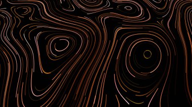 Neon kıvrımlı çizgileri olan güzel bir retro model. Hareket. Neon çizgileri yavaşça hareket ederek eğri desenler oluşturur. Siyah arkaplanda Oval parlaklık çizgileri