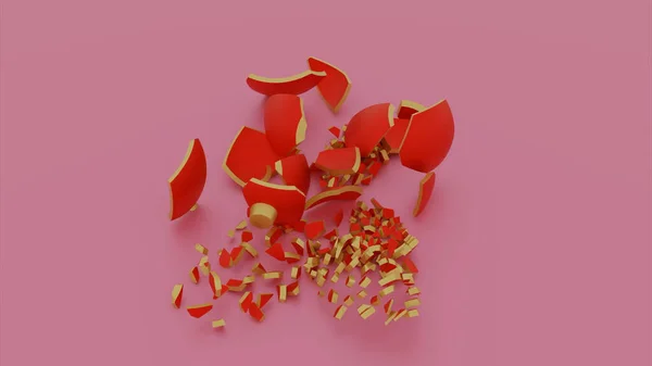 Eine rote Weihnachtsbaumkugel fällt um und zerbricht isoliert auf rosa Hintergrund. Design. Zerbrechen einer Spielzeugkugel aus Keramik. — Stockfoto
