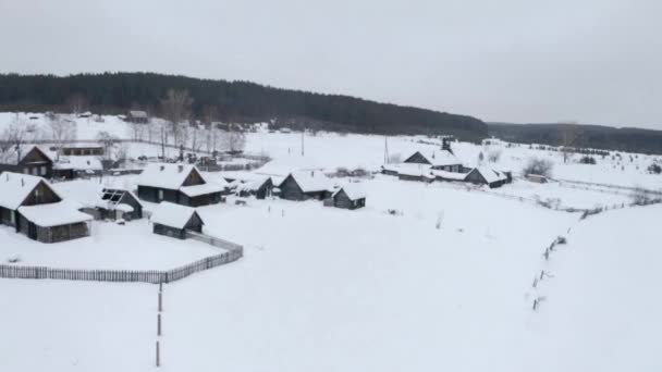 Vista panorâmica das aves nevadas. Clipe. Uma aldeia branca na neve com pequenas casas de madeira e ao lado dela uma grande floresta com árvores altas — Vídeo de Stock