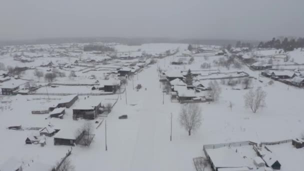 Pohled z ptačí perspektivy. Klip. Bílá vesnice ve sněhu s malými dřevěnými domky a vedle ní velký les s vysokými stromy — Stock video