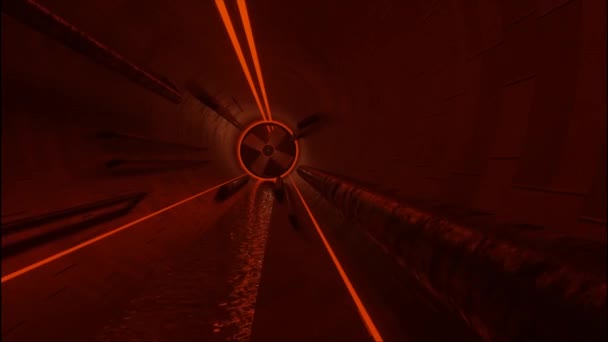 조용 한 도시는 붉은 빛으로 오염되어 있습니다. 디자인. 둥근 모양의 터널 안으로 들어가면 폐수가 통풍로 흘러들어간다. — 비디오