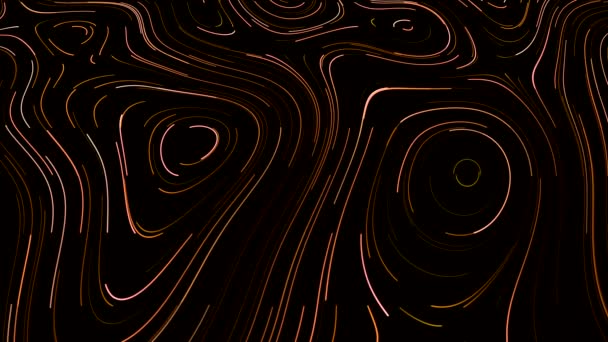 Ретро-узор с неоновыми изогнутыми линиями. Движение. Неоновые линии медленно движутся, создавая изогнутый рисунок. Овальные светящиеся линии на черном фоне — стоковое видео