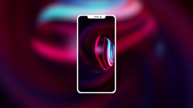Telefon soyutlanmış durumda. Hareket. Telefonun ön planında, arkasında dönen arkaplan ile aynı ekran koruyucusuna sahip mavi tonlu parlak pembe arkaplan