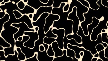 Dalgalı çizgilerle baş döndürücü animasyon. Tasarım. Dalgalı çizgiler hareket eder ve birbirlerine doğru akar. Benek veya molekül biçimindeki dalgalı çizgiler siyah arkaplan üzerinde hareket eder