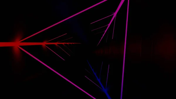 Traffic in triangular tunnel. Design. Movement through black triangular tunnel with neon lines. Dive into futuristic triangular tunnel — Stock Photo, Image