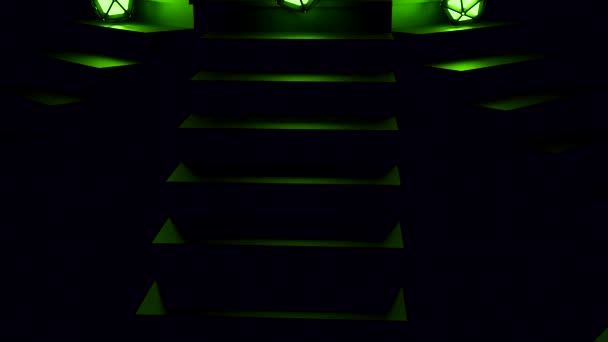 Tmavé pozadí. Design. Tři schody bez světla se třemi žhnoucími zelenými a žlutými koulemi, které se kutálí dolů a dolů . — Stock video