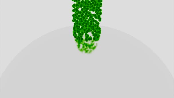 Background . Design. Small bright green and purple balls fall on the white surface and crumble flowing down — Stock Video