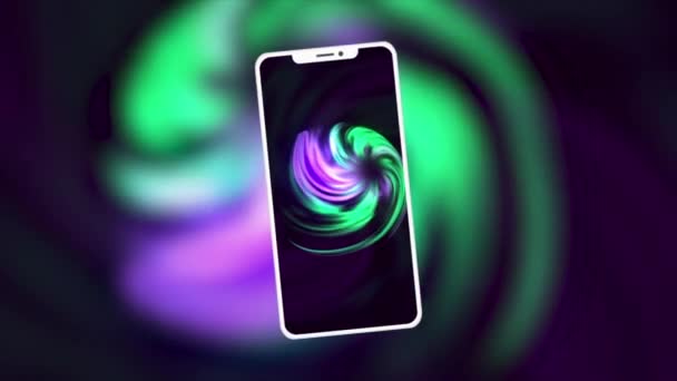Smartphone of mobiele telefoon op gradiënt wervelende achtergrond. Beweging. Een telefoon met het patroon van spiraalvormige tornado in paarse en groene kleuren. — Stockvideo