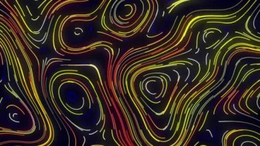 Oval neon çizgileri. Hareket. Retro tarzı ve neon çizgileri olan güzel bir süs. Siyah arkaplanda kavisli neon çizgileri olan geri dönüş deseni