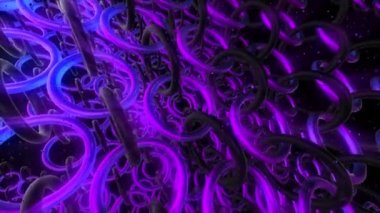 Geçmişi. Hareket. Birbirlerine bağlı yeşil ve mor tonlu parlak halkalar farklı yönlerde dönüyorlar..