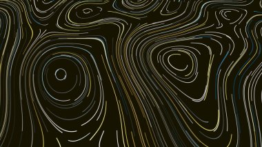 Neon çizgilerinin topografik haritası. Hareket. Deredeki renkli çizgiler yavaşça hareket ediyor ve kavisli oval süslemeler oluşturuyor. Neon çizgileri olan topografik retro süs