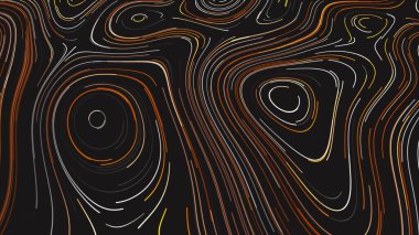 Dar çizgilerin oluşturduğu kıvrımlı daireler siyah arka planda birbirlerinin yörüngelerini tekrarlıyorlar. Hareket. Yavaşça hareket eden renkli çizgiler, pürüzsüz döngü.