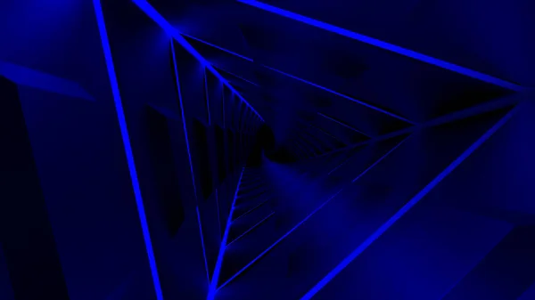 Abstrakt flygning genom triangulär dar blå tunnel med följande linjer, sömlös loop. Design. Ändlös korridor med siluetter av trianglar. — Stockfoto