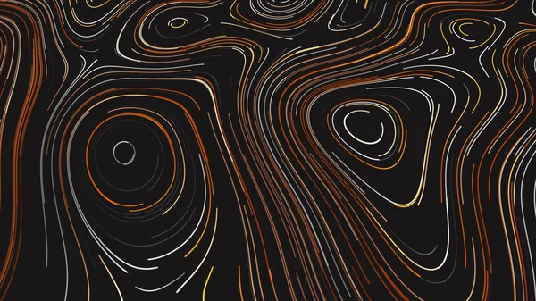 Gebogene Kreise, die von vielen schmalen Streifen gebildet werden, die die Flugbahn eines anderen auf schwarzem Grund wiederholen. Bewegung. Langsam bewegende bunte Linien, nahtlose Schleife. — Stockfoto