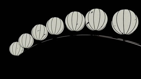 黒を背景に一列に吊るされた中国紙のモノクロームの提灯。デザイン。雨の下で風に揺れる3D球状のランタンが落下. — ストック写真