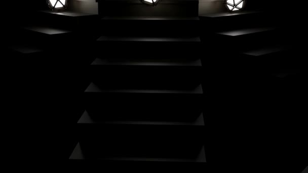 Abstraktní lucerny sjíždějící ze schodů, monochromatické. Design. Žárovky obklopené černými svítidly padajícími do tmy. — Stock video