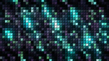 Dijital kareler soyut desen, kusursuz döngü. Hareket. Turkuaz ve mor retro parçacıklar ışık bezi gibi görünen, kusursuz döngü.
