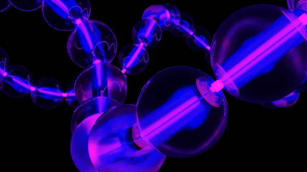 明るいネオンの背景。輝く明るい紫色のボールが順番に図を移動します。 — ストック写真