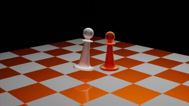 Abstraktes Schach. Design. Eine Partie aus weißen und orangefarbenen Figuren, die aufsteigen und Weiß bricht den Gegner auf dem Schachbrett — Stockvideo