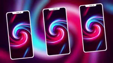 Gradyan dönen arka planda akıllı telefon ya da cep telefonu. Hareket. Sarmal şekilli kasırga desenli üç telefon..