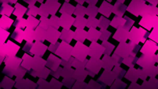 Jasně růžová abstrakce. Design. Neonové čtverce se odtrhnou od černého pozadí a vyletí na obrazovku ve 3D formátu. — Stock video