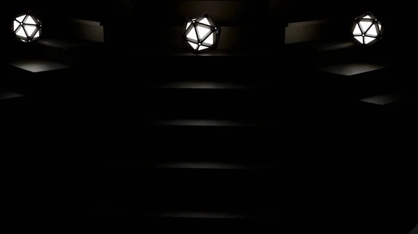 Absztrakt lámpák gurulnak le a lépcsőn, monokróm. Tervezés. Fekete lámpatestekkel körülvett villanykörték hullanak le a sötétben.. — Stock Fotó