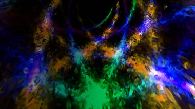Akan oval şekilli parçacıklar ve renkli ışık akımlarıyla soyut sıvı tünel. Hareket. Çapraz ışıklı koridor, pürüzsüz döngü.