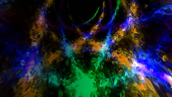 Akan oval şekilli parçacıklar ve renkli ışık akımlarıyla soyut sıvı tünel. Hareket. Çapraz ışıklı koridor, pürüzsüz döngü.