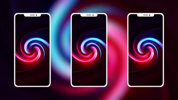 Smartphone o telefono cellulare su sfondo vorticoso gradiente. Mozione. Tre telefoni con il modello di tornado a spirale. — Foto Stock