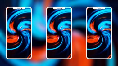 Geçmişi. Hareket. Ekran koruyucusunda üç telefon var. Diskoları ve parlak hunileri zengin renk aralıklarına sahip ve arka planda parlak bir rengi gösteren bir fon..
