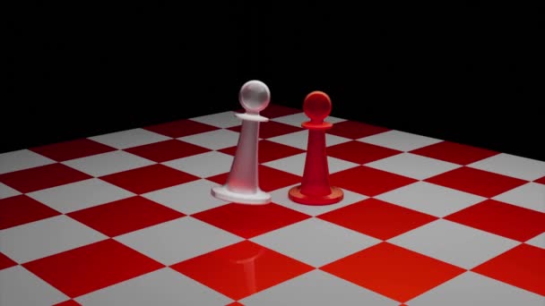 O movimento de peças de xadrez no tabuleiro, jogo de xadrez. Desenho. Placa branca e vermelha com um peão branco quebrando um vermelho em pequenos pedaços. — Vídeo de Stock
