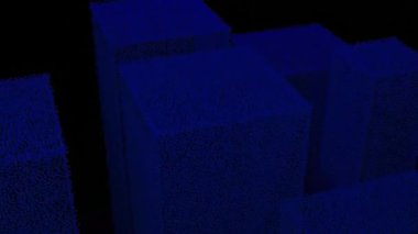 Siyah arka planda kumdan yapılmış soyut bina siluetleri. Tasarım. Küçük parçacıklardan oluşan dikdörtgen şekilli soyut sütunlar.