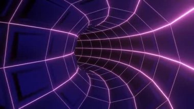 Neon tüneli. Tasarım. Parlak çizgiler ve hareket eden karelerle soyutlanmış uzun pembe-mor bir yol..