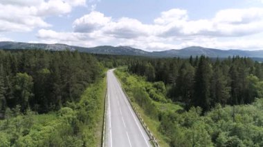 Ormanın ortasındaki boş yol manzarası. Sahne. Dağların arkasındaki ağaçlık alandan geçen otoban manzarası. Güzel otoyol manzarası, yeşil orman ve ufukta dağlar