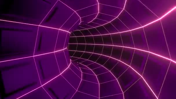 Tunnel al neone.Progettazione. Un lungo percorso rosa-viola in astrazione con linee luminose e quadrati che si muove. — Video Stock