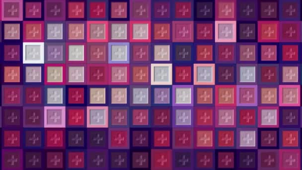 Blinking colorful rows of same size purple tiles with light flares and plus signs inside, seamless loop. Design. Gradient red tones square shaped shimmering objects. — Stock Video