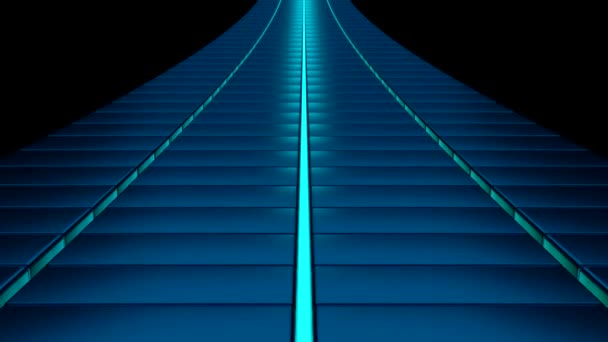 Абстрактно синяя бесконечная цифровая железная дорога на черном фоне. Дизайн. Пролетая над гибкой футуристической железной дорогой. — стоковое видео