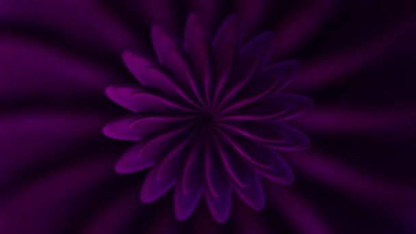 Lila und grüne Blume in Abstraktion. Bewegung. Blumen mit Blütenblättern drehen sich im 3D-Format und vergrößern und verengen ein Loch in der Mitte. — Stockvideo